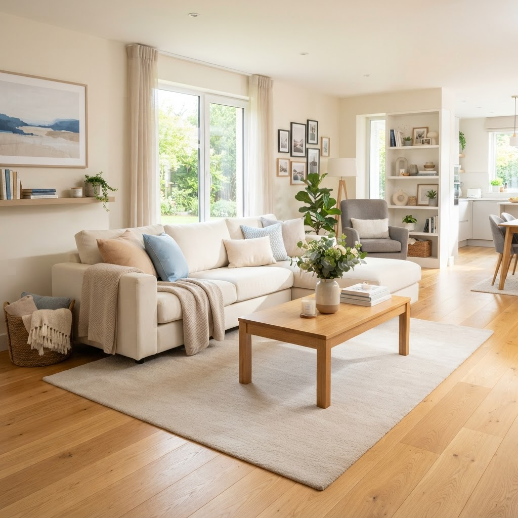 A Summit Clean Co. team member cleaning a bright, tidy living room